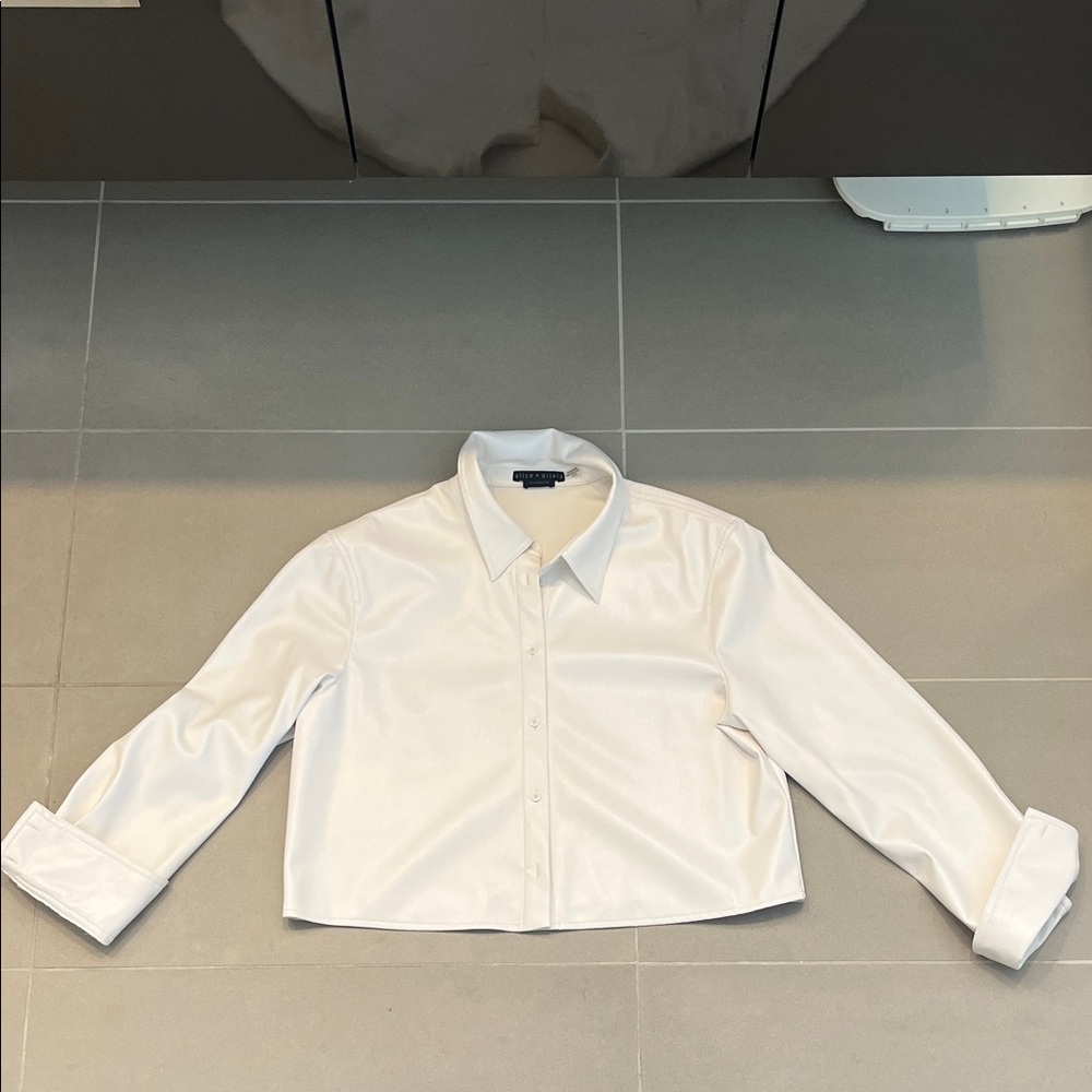 Alice + Olivia White Classic Collared Top Faux Leather